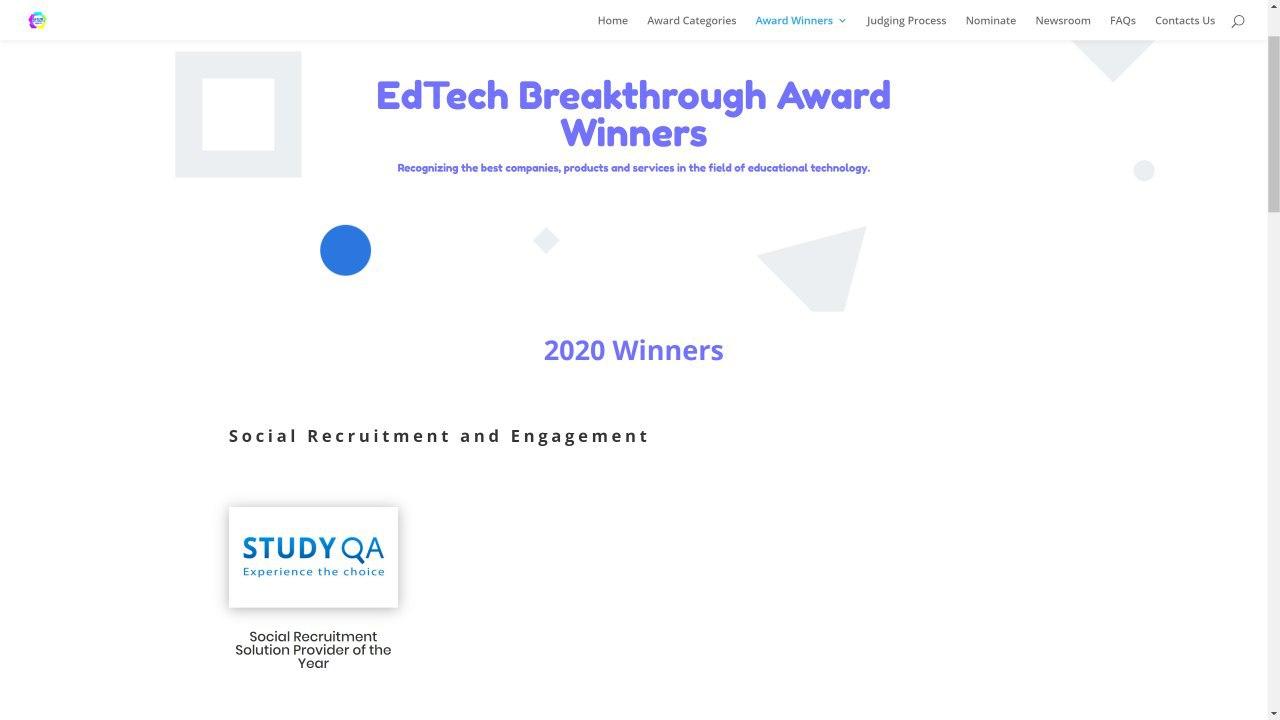 StudyQA wins the ‘Social Recruitment Solution Provider of the Year’ award in the EdTech Breakthrough Awards 2020